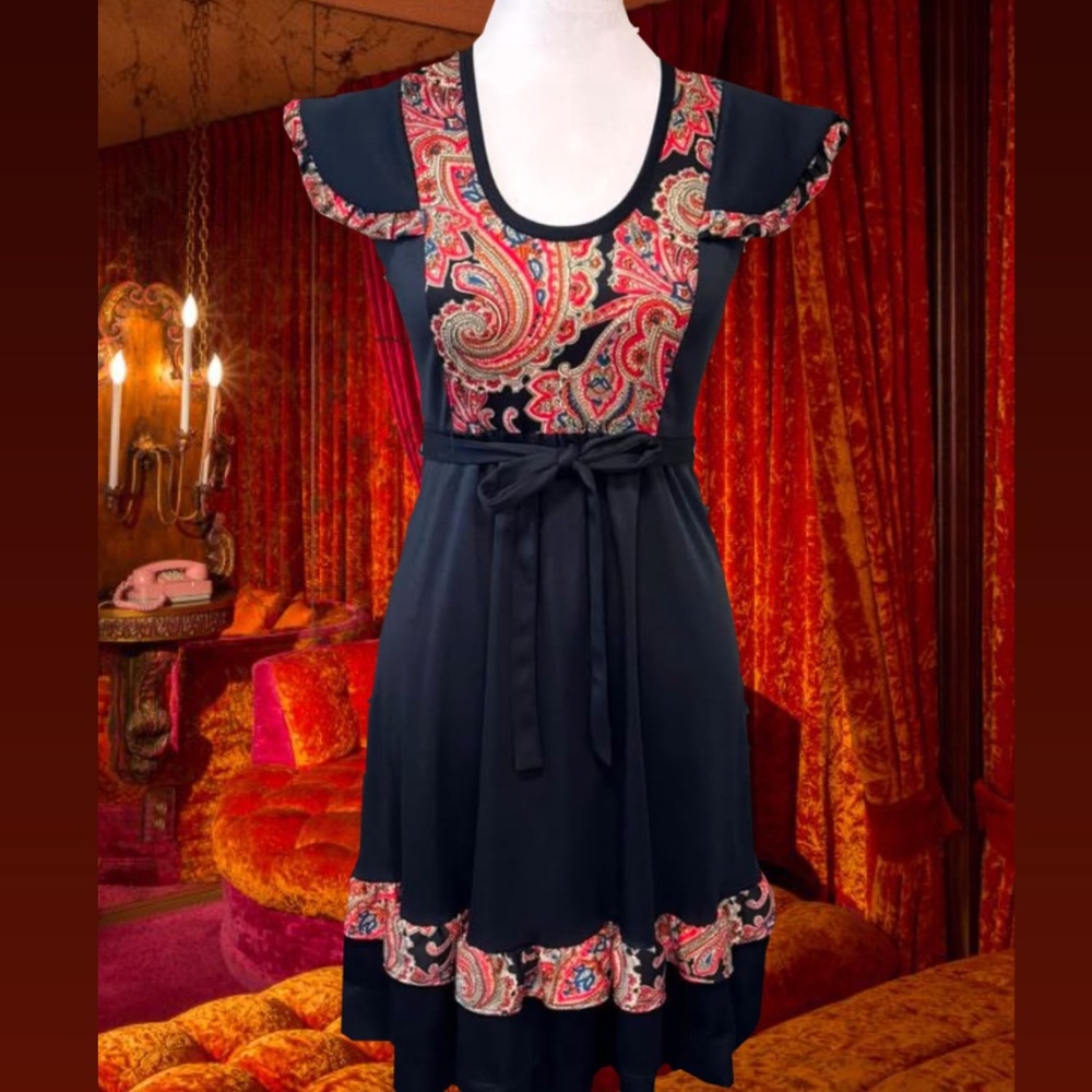 Vintage The Love Witch Black Baby Doll Mini Dress Paisley 60s 70s Small Boho